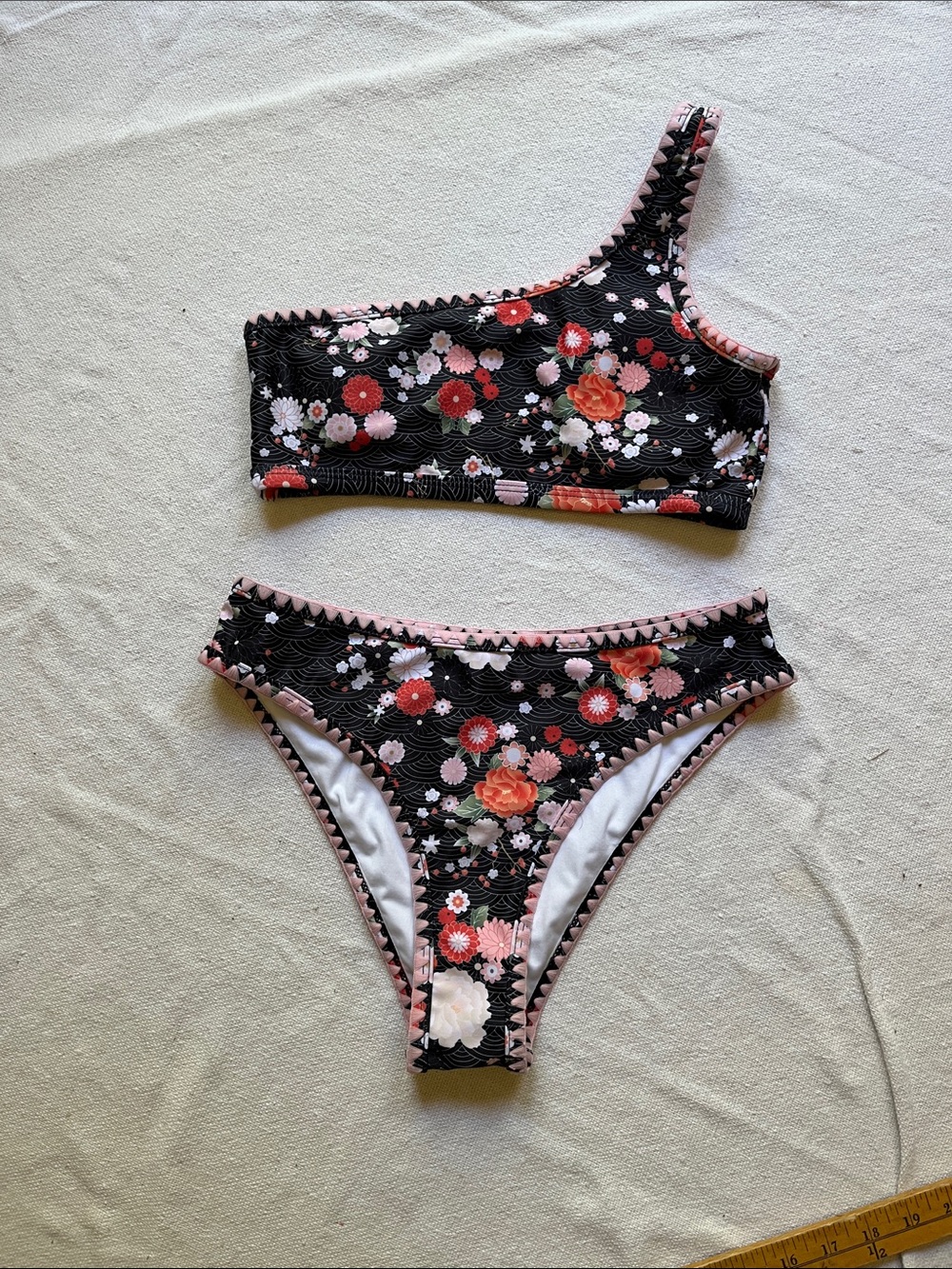 Floral One-Shoulder Bikini Set in Black and Pink